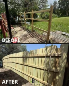 Wood fence installation in Hialeah, Florida – before and after.