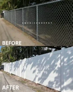 PVC vinyl fence installation in Sunrise, Florida – before and after.
