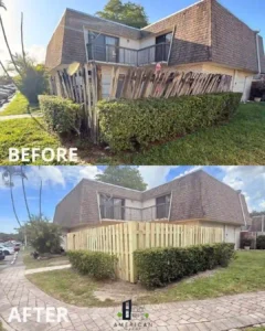 Commercial wood fence installation in North Lauderdale, Florida – before and after.