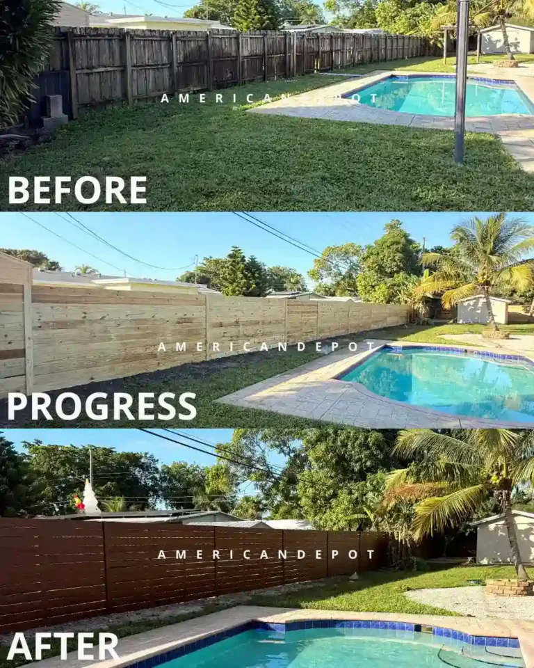 Horizontal wood fence installation in Margate, Broward County – before and after