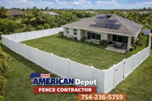 Vinyl PVC fence installation in Fort Lauderdale Florida by American Depot Fence Contractors showing a clean white privacy fence in a residential backyard